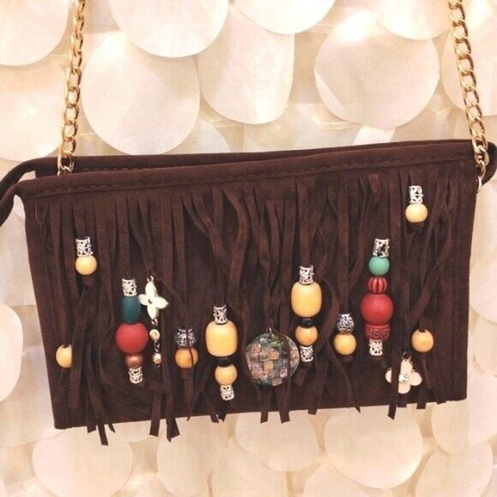 CROSSBODY BROWN Fringed Purse BOHEMIAN Luxury Gold Chain Charms Flower NO CHAIN
